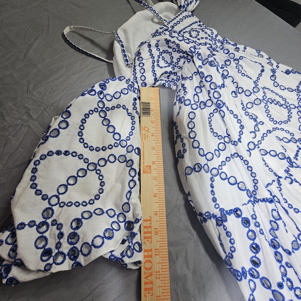 Anthropologie Blue White Eyelet Smocked Puff Sleeve Maxi Dress Sz XS Cotton - Picture 7 of 12